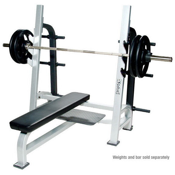 York Barbell Olympic Flat Bench with Gun Racks & Weigth Storage - White - Strength Fitness Outlet