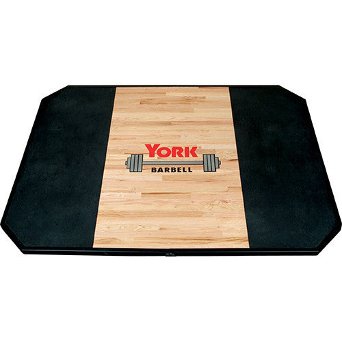 York Barbell Platforms - Solid Red Oak Free Standing Platforms & Metal Frame with logo - Strength Fitness Outlet
